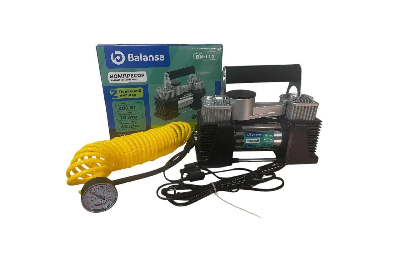 Компресор 2 циліндри Balansa 200W/10атм/60л/20А/5м шланг спірал з ман/прикур/насадки/сумка