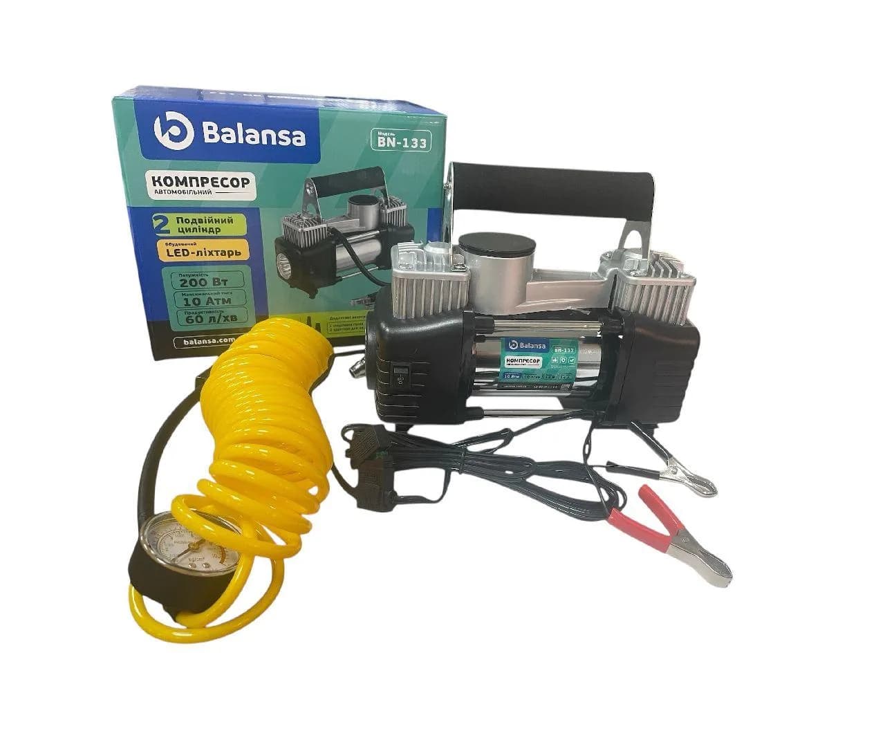 Компресор 2 циліндри Balansa 200W/10атм/60л/20А/5м шланг спірал з ман/клеми/насадки/сумка/ліхтар