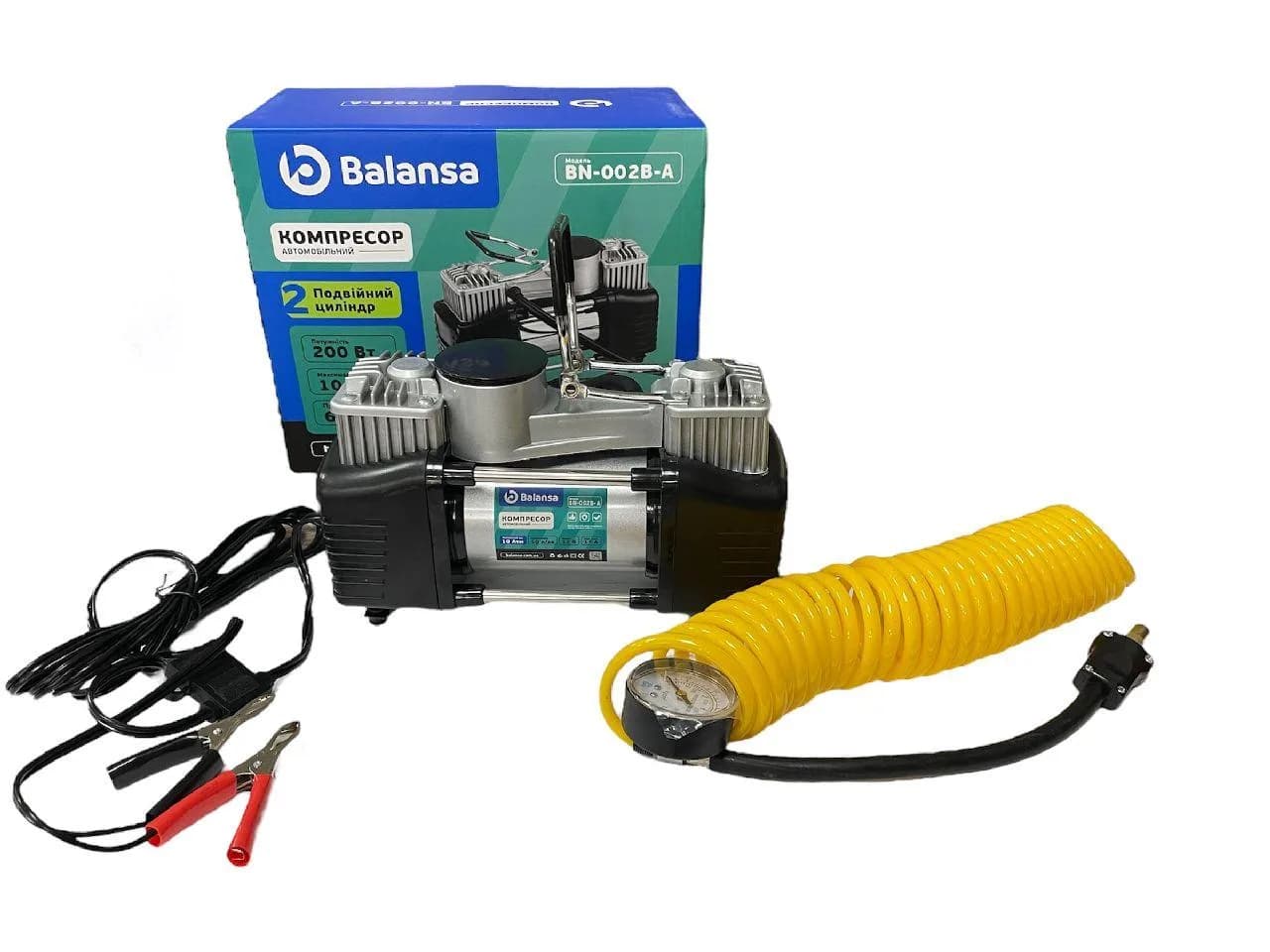 Компресор 2 циліндри Balansa 200W/10атм/60л/20А/5м шланг спірал з ман/клеми/насадки/сумка
